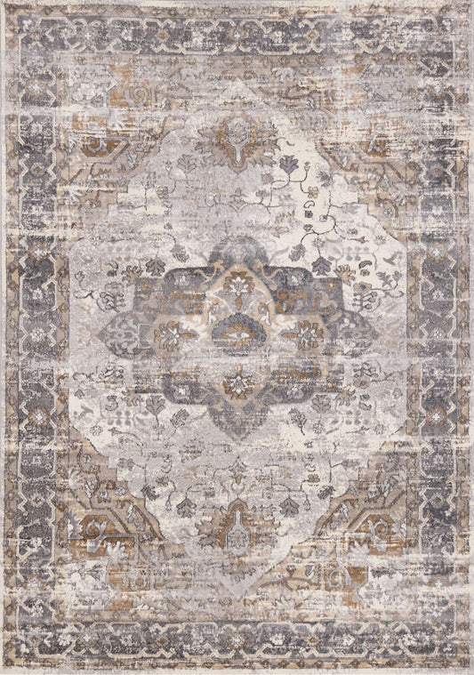 Decorative rug with intricate patterns in gray, beige, and brown