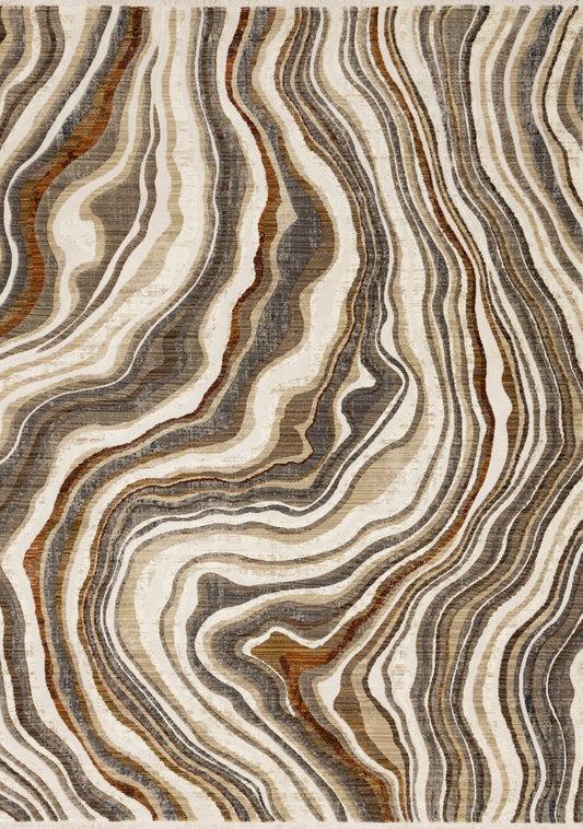 Rug with wavy pattern in brown, beige, and gray colors