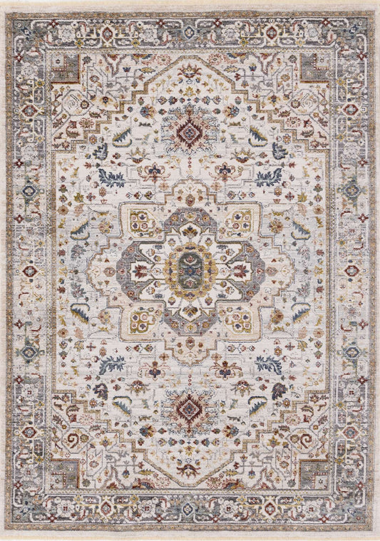 Decorative area rug with intricate patterns on a beige background