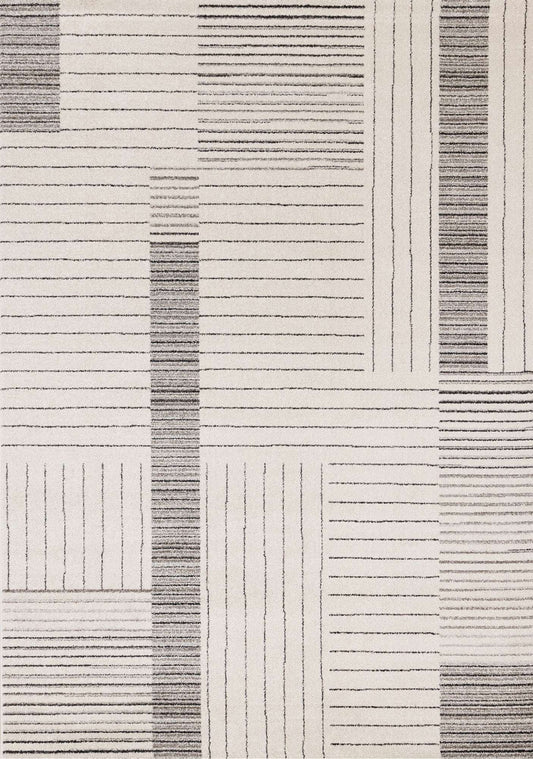 Textured rug with a geometric pattern in neutral colors