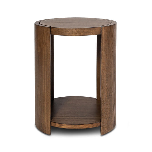 Wooden side table with a round top and shelf 