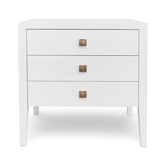White nightstand with three drawers and bronze handles 
