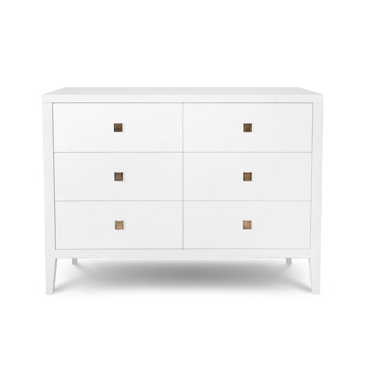 White dresser with six drawers and bronze handles 